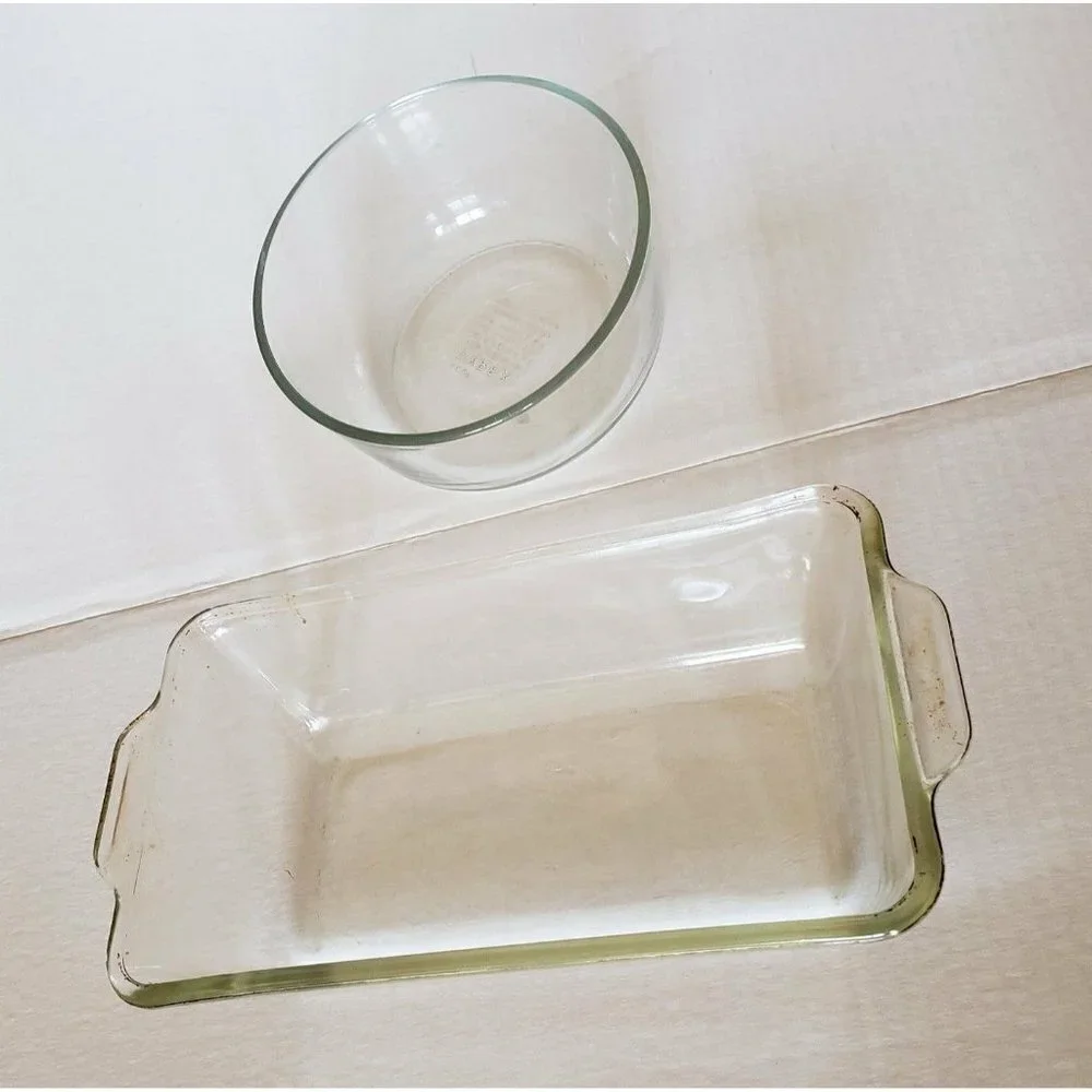 Pyrex 2 set loaf pan and small #7201 mixing bowl clear glass
